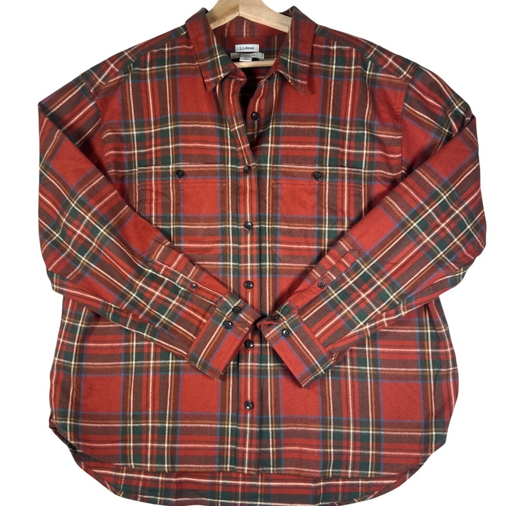 LL Bean Mens Red Plaid Flannel Shirt Relaxed Fit Long Sleeve Cotton 525847‎ L